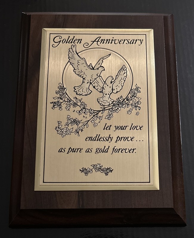 Wooden & Metal 50th Golden Anniversary Plaque- w/ Dove & Flower Design Very Good