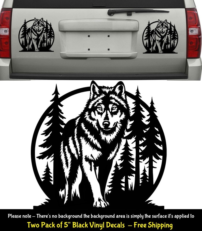 Wolf Trees Forest Two 5″ Black Vinyl Decals Vehicle Door Bumper Any Flat Surface