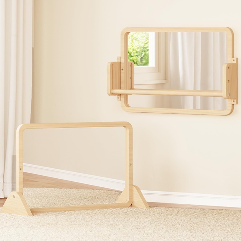 Woodtoe 3-in-1 Montessori Mirror with Bar, Adjustable Toddler Mirror & Pull U…