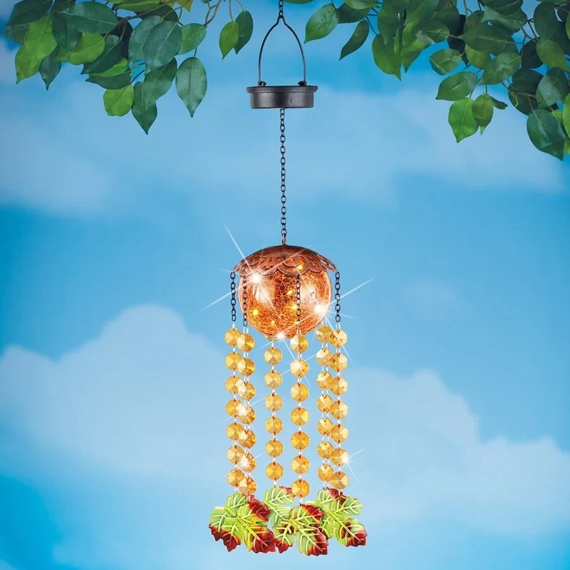 Solar Lighted Crackled Glass Gazing Ball Fall Leaves Garden Wind Chime Mobile