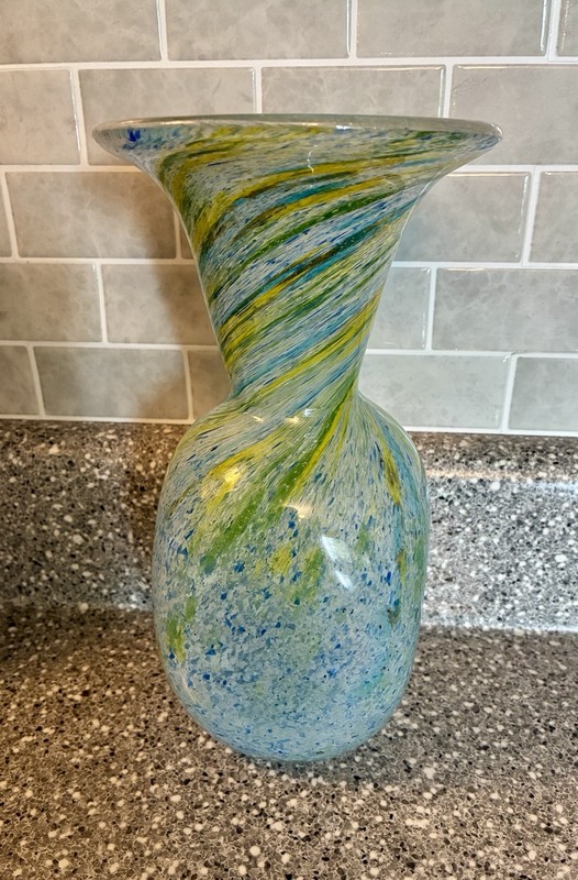 Vintage F & C Handmade Crystal Blue/Yellow/Green Swirl Vase Heavy 9 1/8” Tall gallery