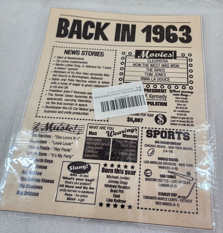 60TH Birthday Canvas Poster, Back in 1963 Newspaper Poster Unframed, 8 x 10 inch