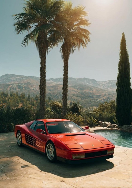 Red 1980s Italian Supercar Palm Tree Luxury Lifestyle Poster