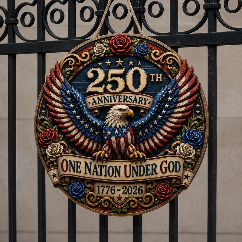 250th Anniversary Wooden Door Sign, Patriotic Eagle Wreath Decor, One Nation gallery