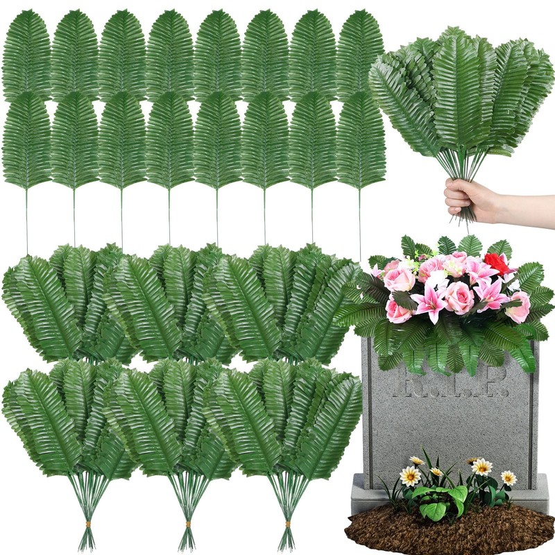 100 Pack Artificial Palm Leaves Cemetery Flowers Faux Fronds Plant Grave