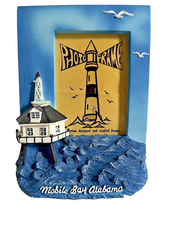 Mobile Bay Lighthouse Resin Photo Frame Holds 3 1/2 X 5 “ photo. Great Condition