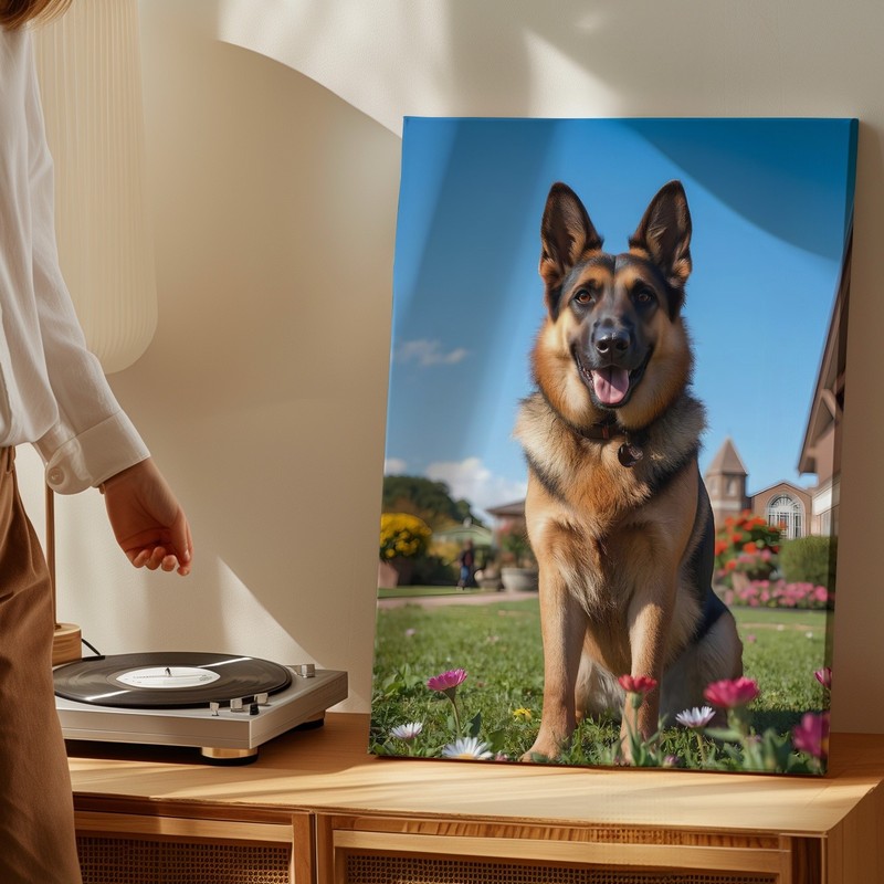 German Shepherd Canvas Wall Art Happy Dog Portrait Floral Outdoor Decor Print gallery