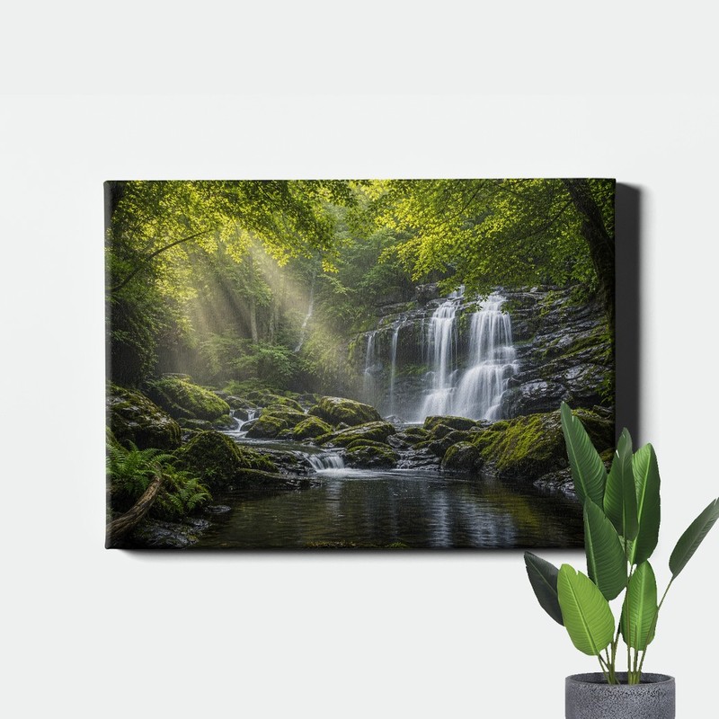 Forest Waterfall Canvas Art Misty Stream Sun Rays Woodland Landscape