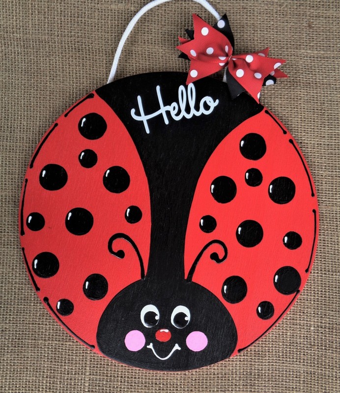 18″ HELLO LADYBUG Welcome CIRCLE SIGN Wall Door Plaque Family Wood Decor Wreath