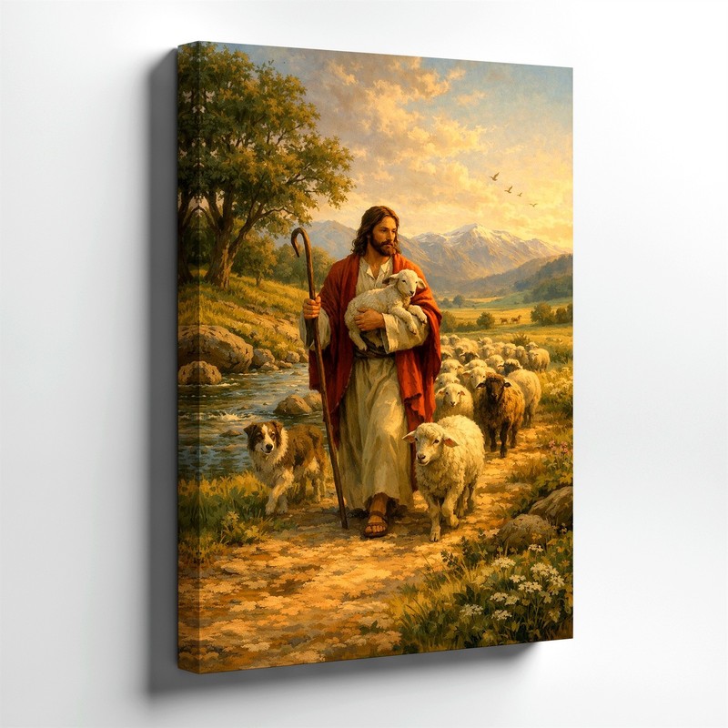 Wall Art Shepherd with Lamb Flock Mountain Landscape Religious Canvas Print