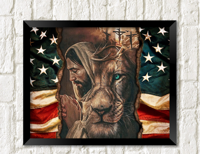 Jesus Lion Patriotic Flag UNFRAMED Art Print Wall Decor Christian Father’s Day