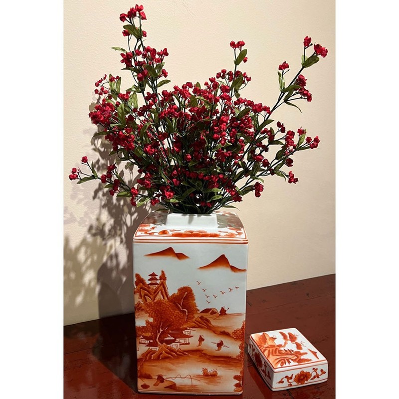 US Seller - Red Orange Porcelain Scenery Chinese Tea Jar gallery