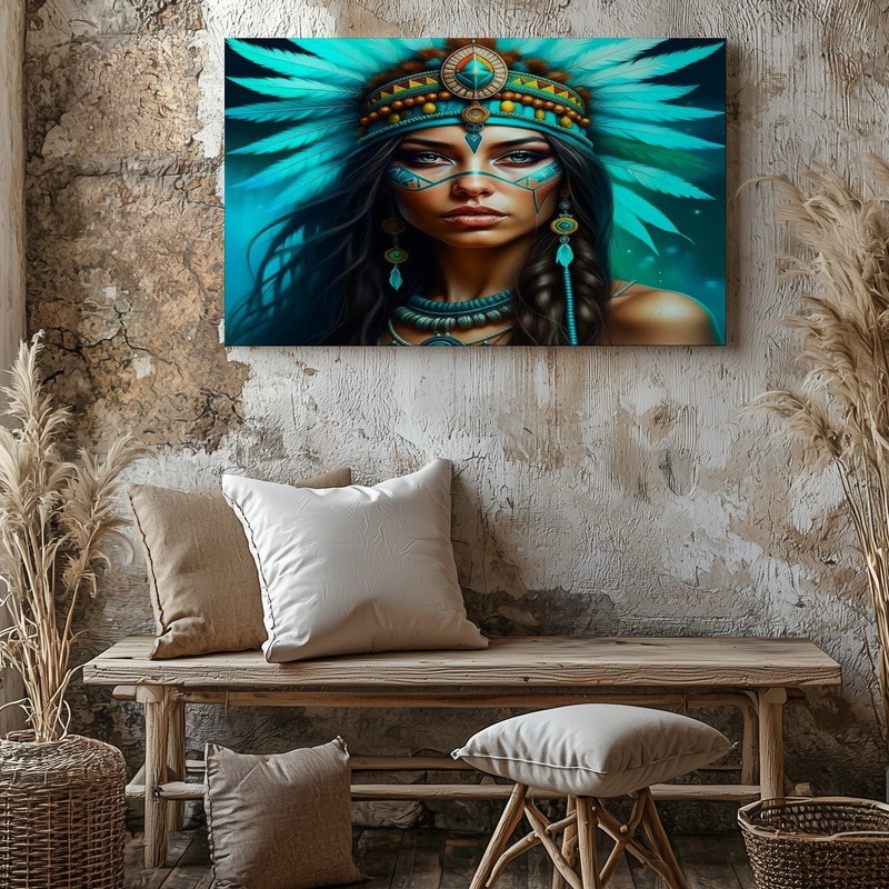 Native American Woman with Turquoise Feather Headdress Canvas Wall Art Print gallery