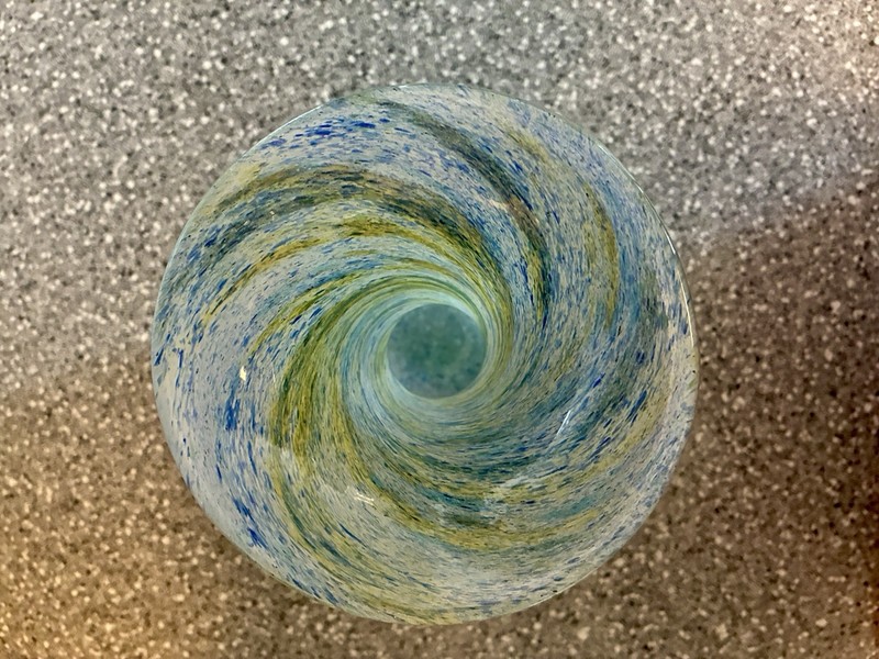 Vintage F & C Handmade Crystal Blue/Yellow/Green Swirl Vase Heavy 9 1/8” Tall gallery