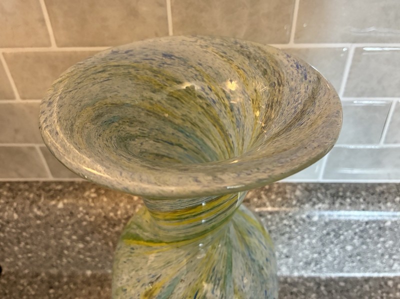 Vintage F & C Handmade Crystal Blue/Yellow/Green Swirl Vase Heavy 9 1/8” Tall gallery