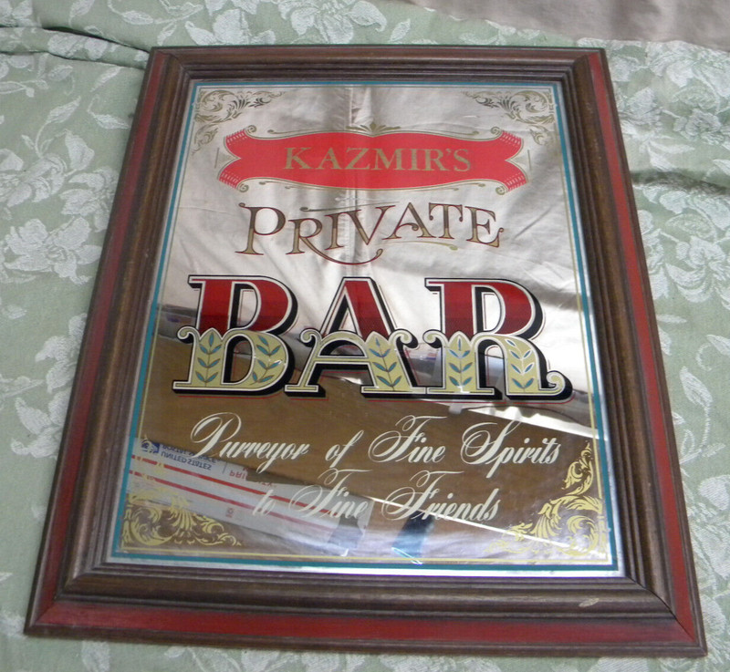 Vintage “Kazmir’s Private Bar” Wall Mirror Wood Framed 16.5″ x 13.5″