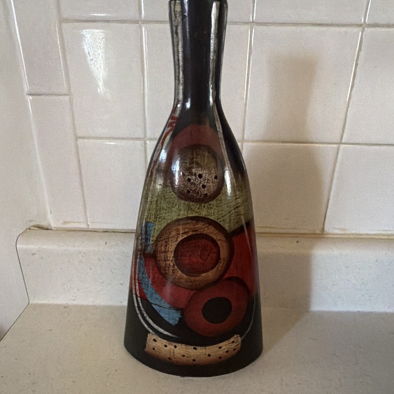 Abstract Art Bottle Vase, Glossy Black w/ Red Green Blue Beige Decorative