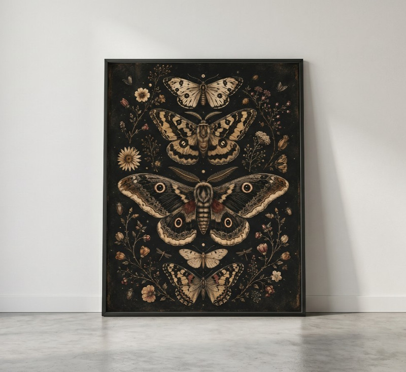 Vintage Moth Insect Poster Dark Vintage Botanical Illustration Wall Art