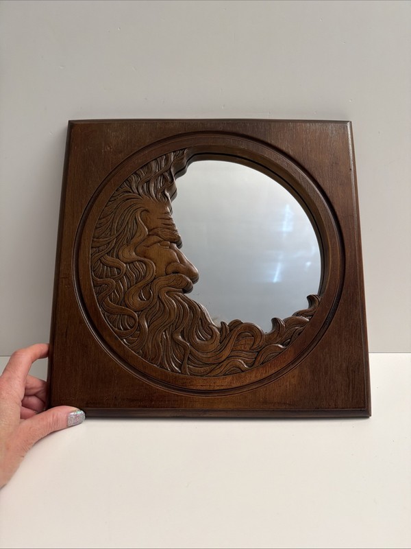 Vintage 1977 Hardin Signed 12″ Wood Carving Crescent Man in the Moon Wall Mirror