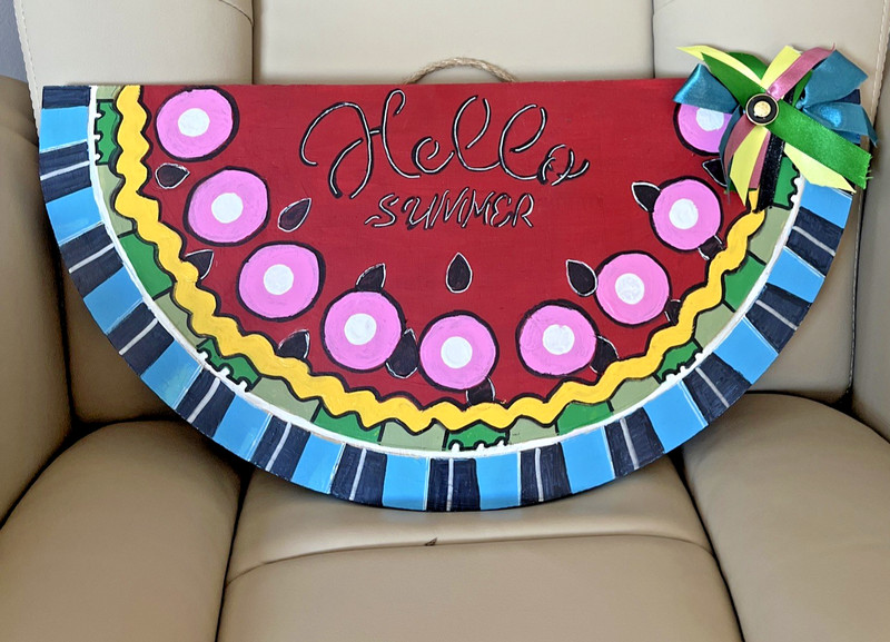 "HELLO SUMMER" COLORFUL HANDPAINTED & DESIGNED SLICE OF WATERMELON DOOR DECOR gallery