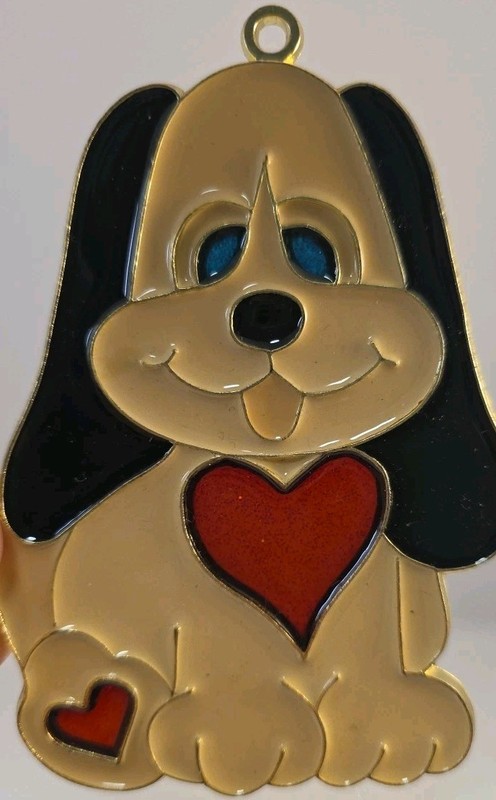 Beige Dog Puppy Black Ears Blue Eyes With Red Heart Suncatcher