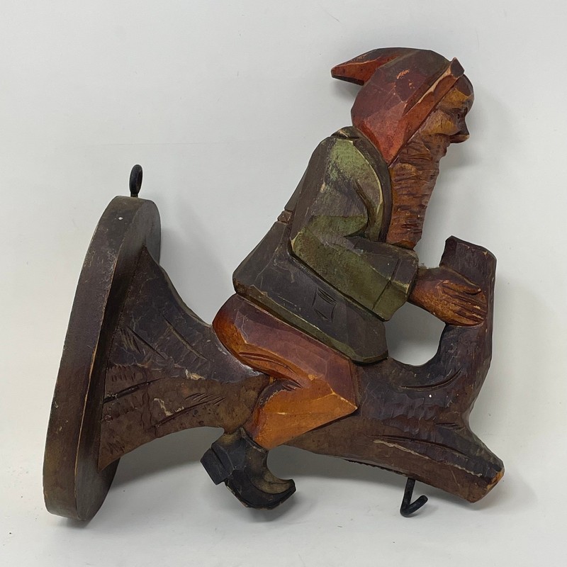 Vintage Hand Carved Wooden Gnome on Log Wall Hanging Folk Art Sculpture Decor