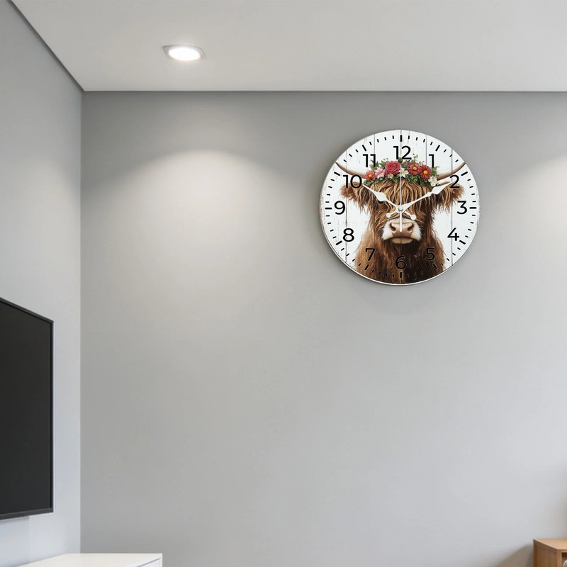 Highland Cow Floral Wall Clock Wooden Silent Clock No Battery Home Decors gallery