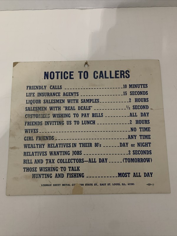 Vintage Humor Comic Notice To Callers Time Limits – Man Cave/She Shed Decorate
