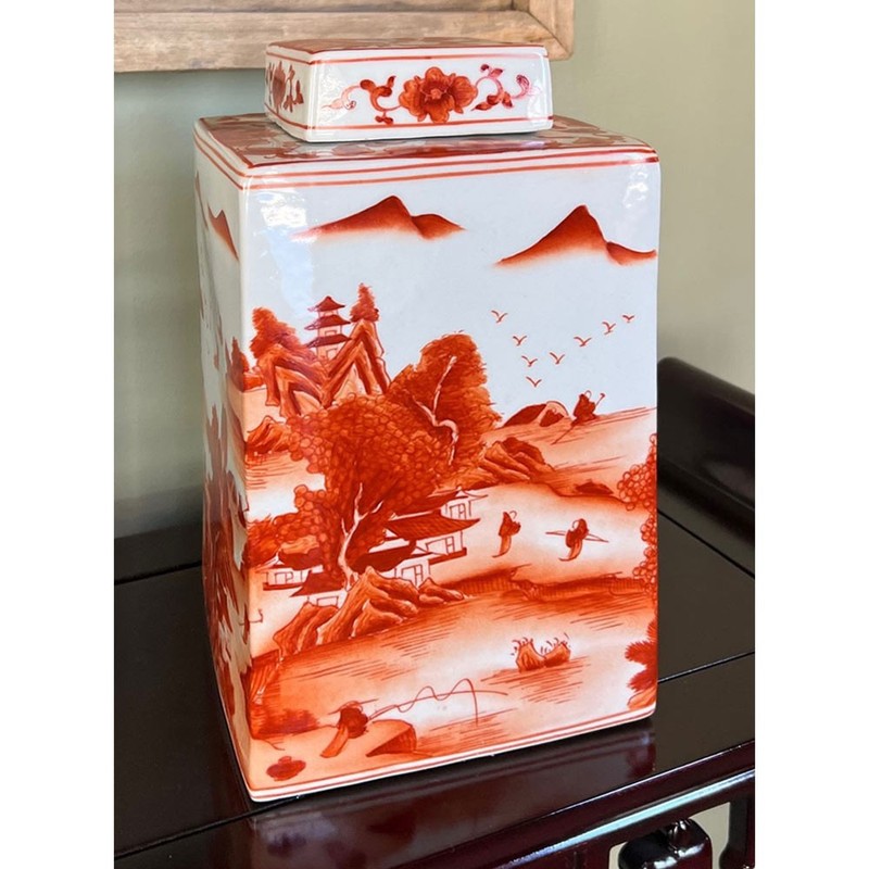 US Seller - Red Orange Porcelain Scenery Chinese Tea Jar gallery
