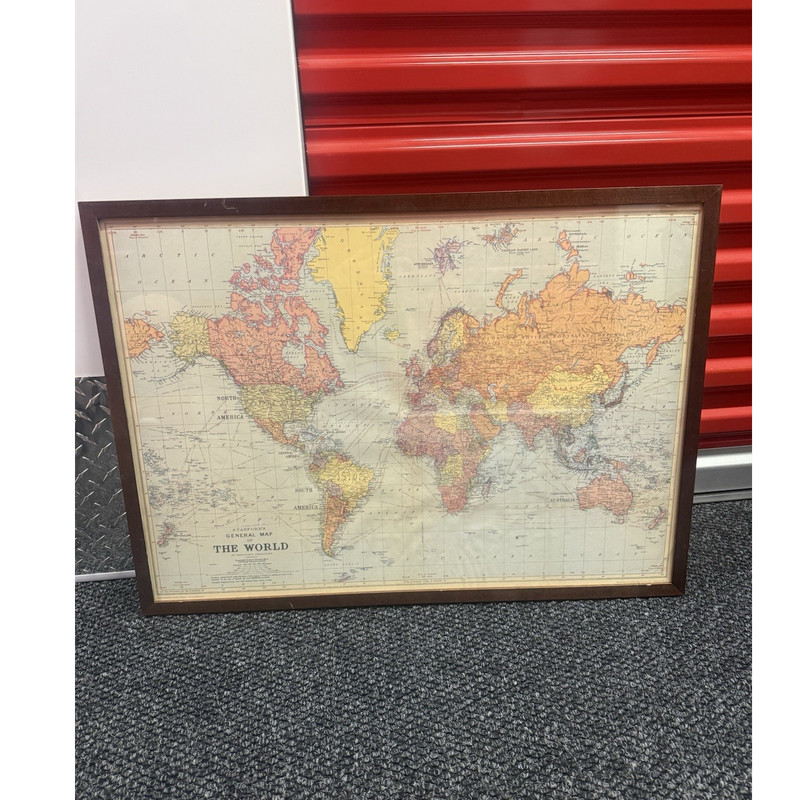 Framed World Map Print “THE WORLD” Horizontal Multicolor Brown Paper Wood Glass