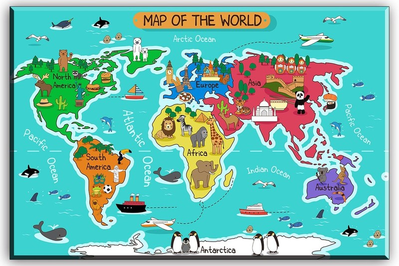 World Map Canvas Wall Art for Kids Room, Typical Animals on Continent Map of …