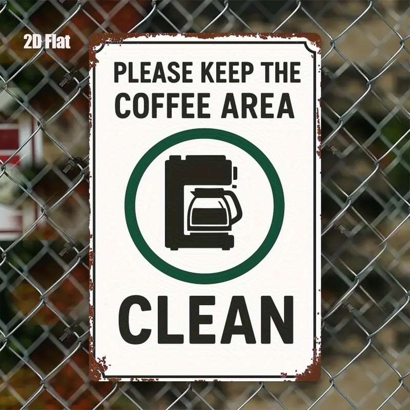 Distressed white metal sign featuring coffee pot icon for office kitchen decor