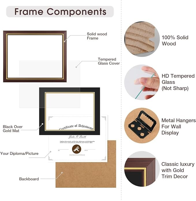 11x14 Diploma/Certificate Frame with Double Mat for 8.5x11 Document Real Glass gallery