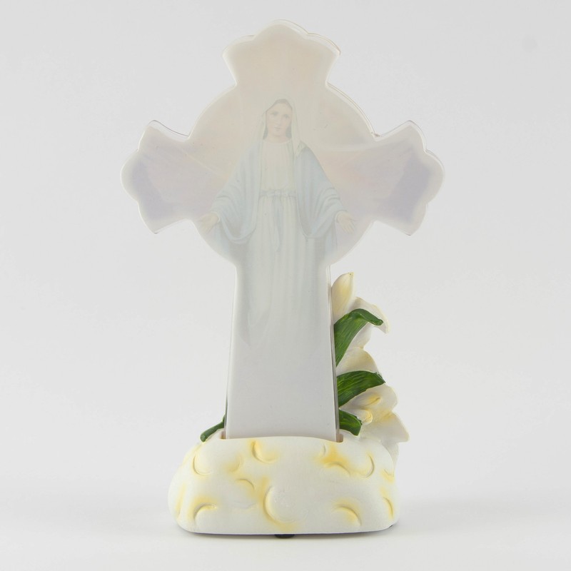 God Bless You Battery Operated 8" Illuminated Cross with Mother Mary Figurine gallery