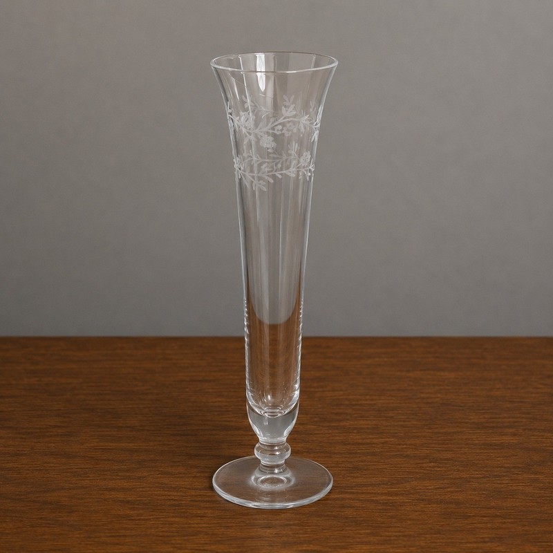 Laura Ashley Etched Glass Bud Vase Floral Vine Trumpet 10 Inch Clear Pedestal