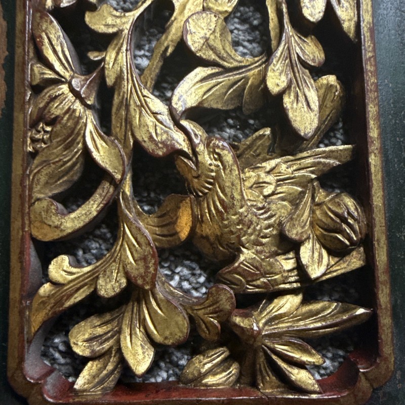 Vintage 15”x3” Wood Carved Panel Intricate Gold Bird Floral Motif Weathered gallery