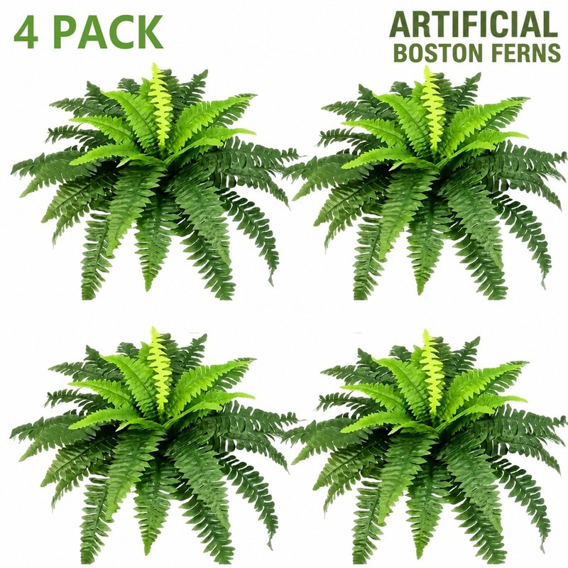 4Pcs 24″ Artificial Boston Ferns for Outdoors Fake 38 Leaves UV Resistant Plants
