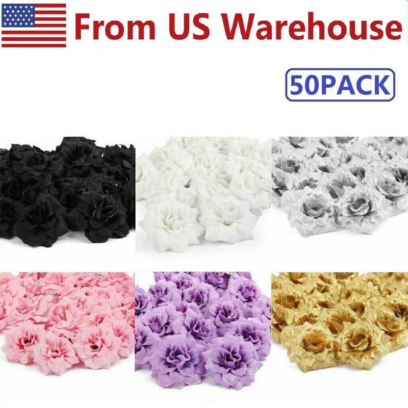 50Pcs Artificial Fake Rose Silk Flower Head Wedding Party Garden Home Decor US