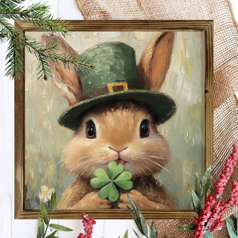 Vintage Wooden Plaque Leprechaun Bunny with Shamrock for St Patricks Day Decor