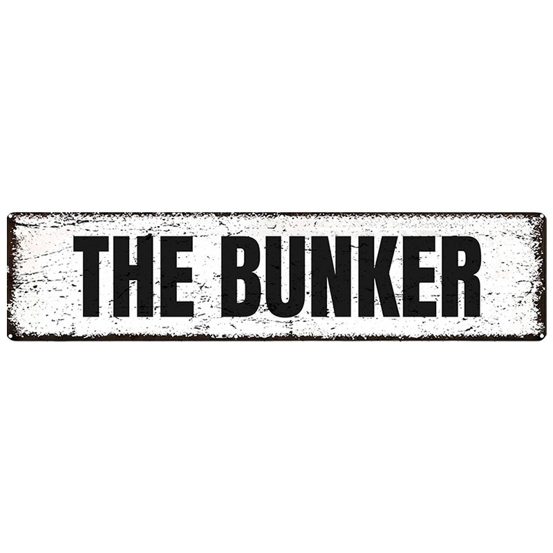 Vintage THE BUNKER Tin Metal Sign Distressed White Black Aluminum 4×16