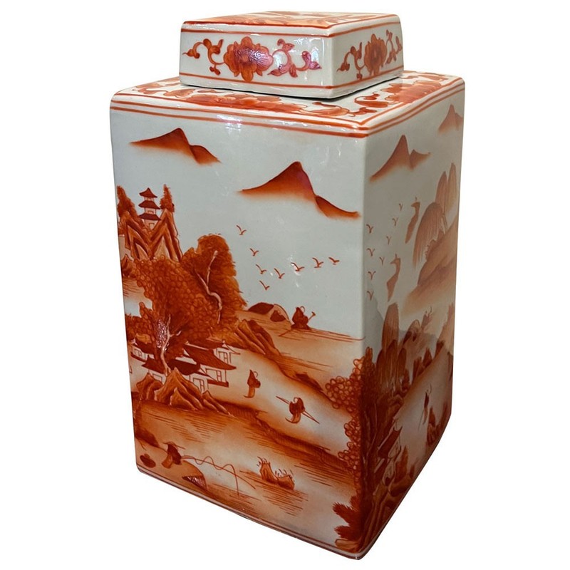 US Seller - Red Orange Porcelain Scenery Chinese Tea Jar gallery