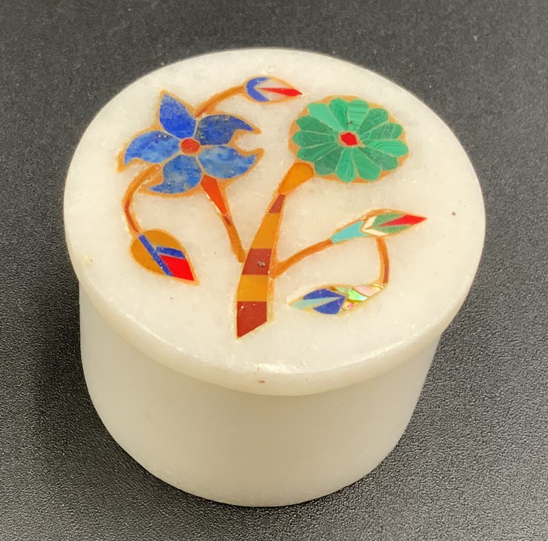 Small Marble Round Lidded Trinket Box with Stone Inlay