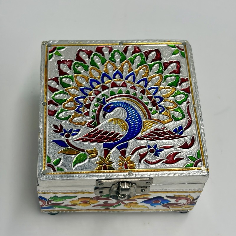 Peacock Meenakari Enameled Metal Wood Jewelry Trinket Stash Hinged Box Velvet