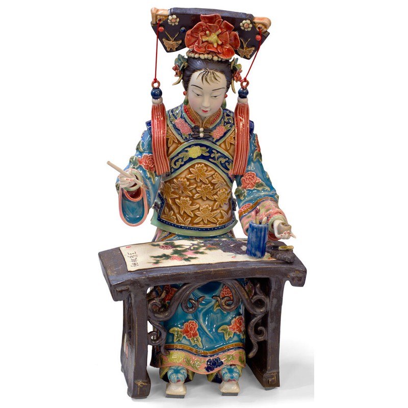 US Seller – Chinese Porcelain Figurine, Lady Painting Calligraphy