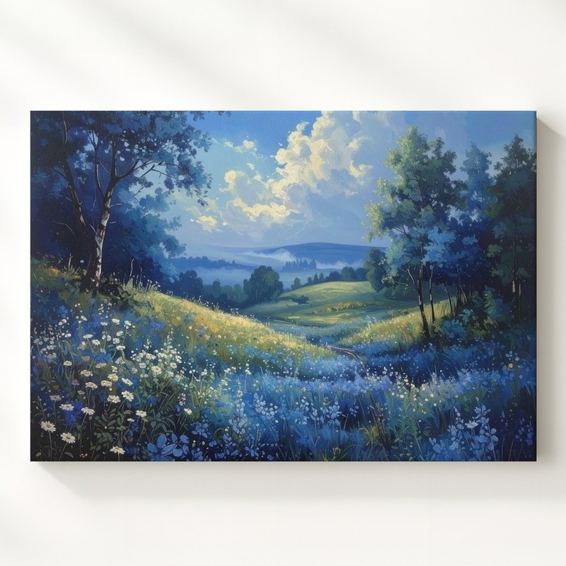 Blue Wildflower Meadow Canvasserene Panoramic Nature Landscape Art Wall Art