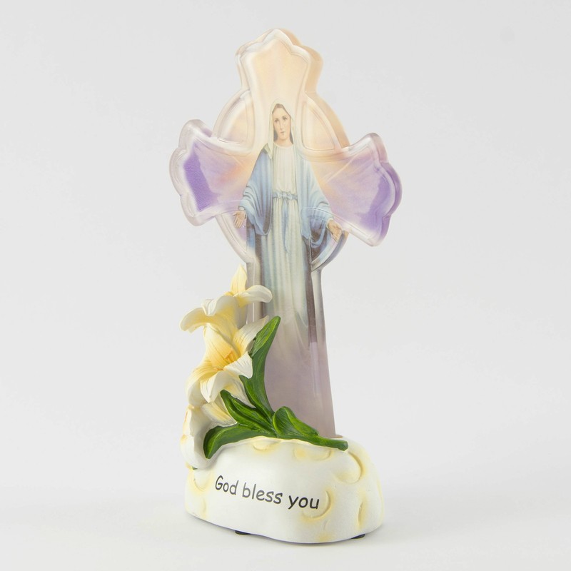 God Bless You Battery Operated 8" Illuminated Cross with Mother Mary Figurine gallery