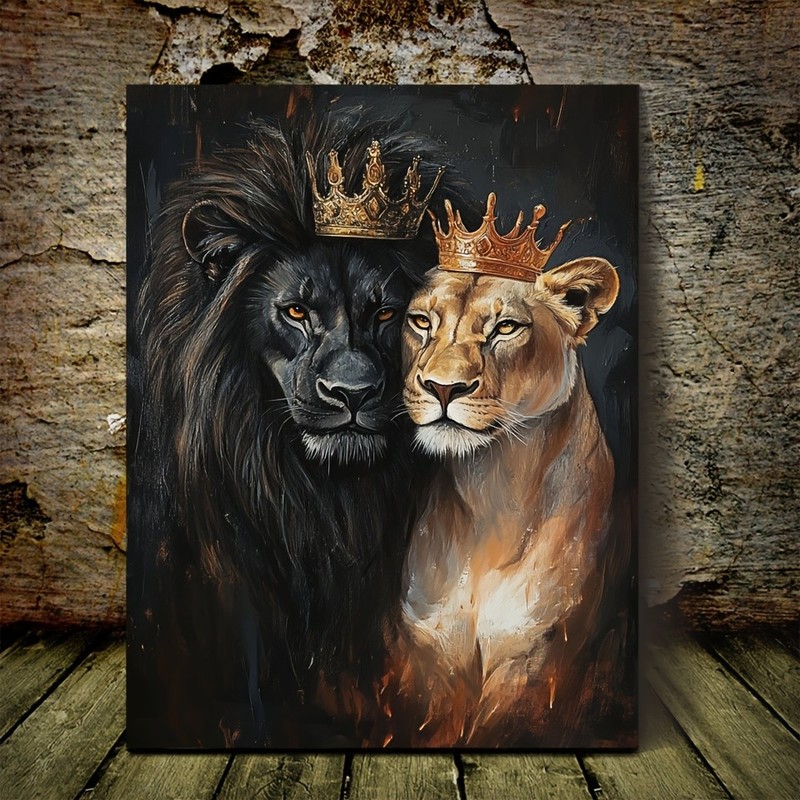 King and Queen Lions with Crowns Canvas Wall Art, Majestic Wildlife Home Decor
