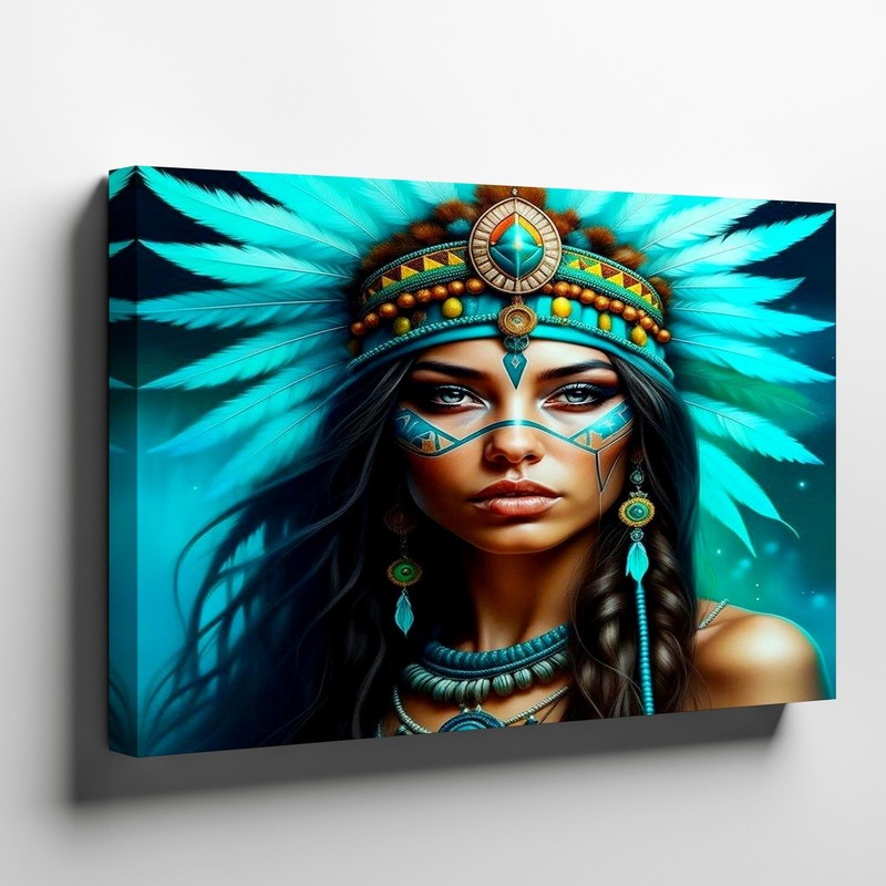 Native American Woman with Turquoise Feather Headdress Canvas Wall Art Print