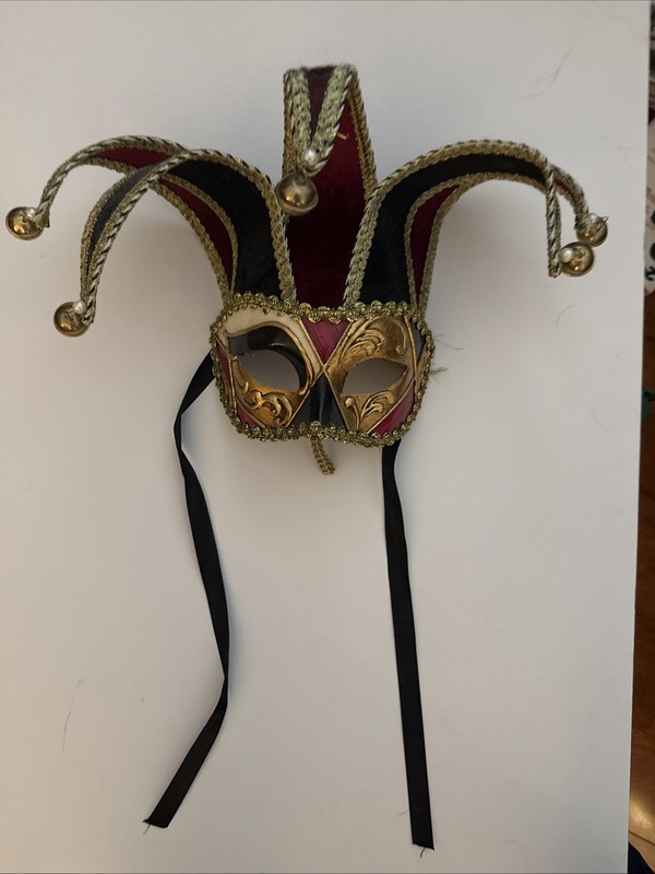 Pier 1 Imports Hand Painted Italian Venetian Jester Mask Red Black Gold Decor