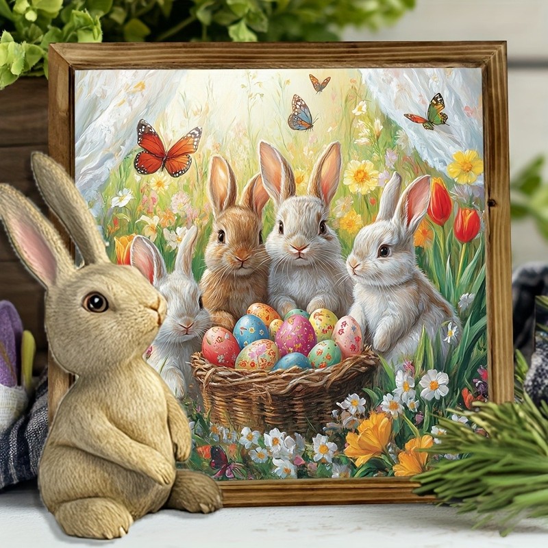Easter Bunnies Wooden Plaque Egg Basket Floral Spring Holiday Wall Decoration